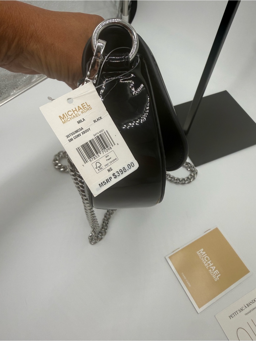 Michael Kors Black Patent Quilted Crossbody Bag with Silver Chain NWT - Picture 7 of 15